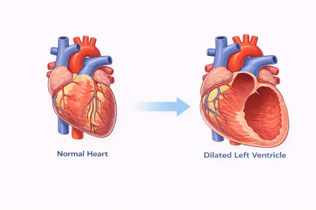 Heart comparison normal vs. dilated condition